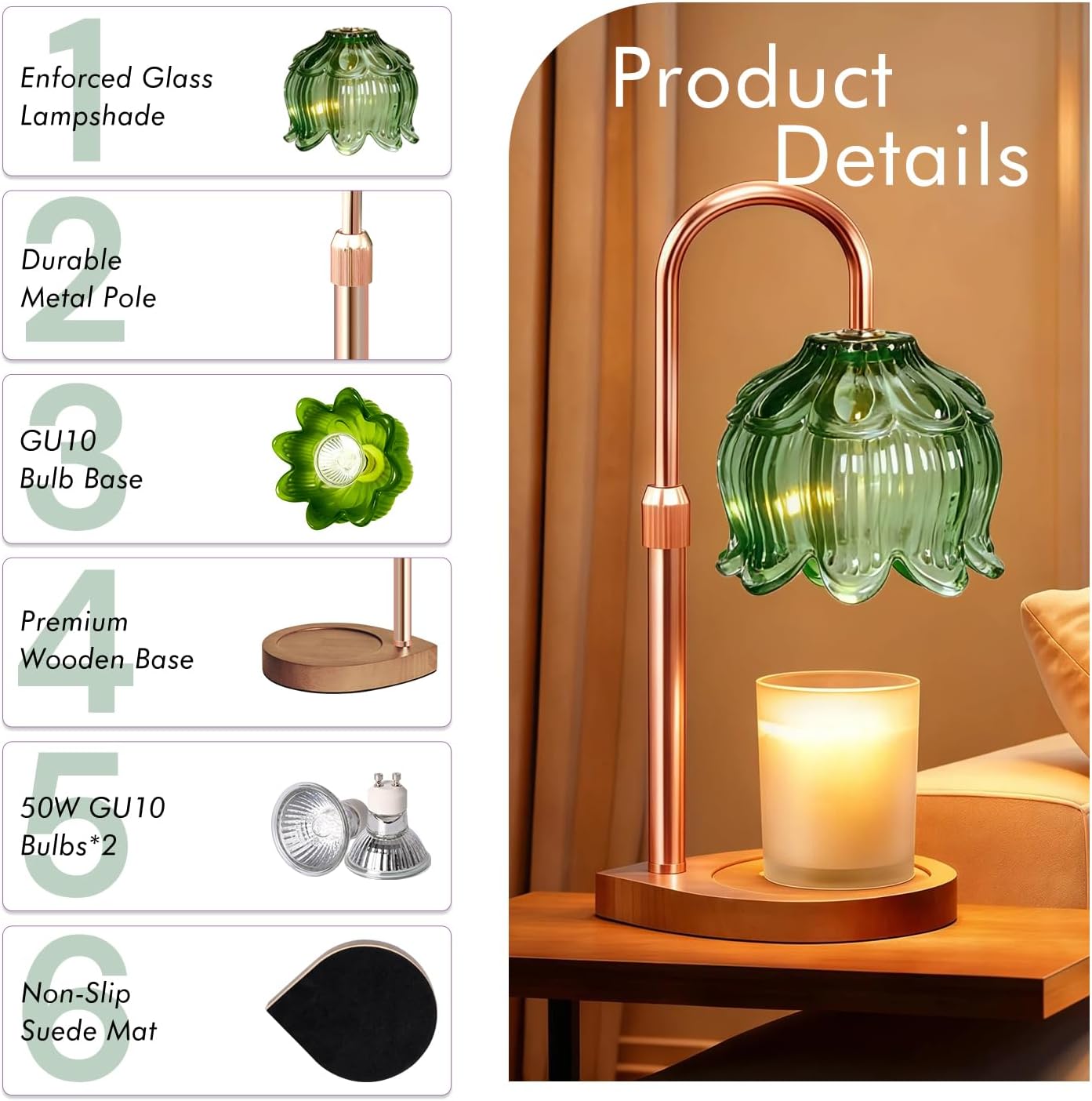 Candle Warmer Lamp - Dimmable Candle Lamp with Timer, Flower Wax Warmer Lamp for Jar Candles, Adjustable Height Wax Melter for Valentine's Day Gift Home Decor, Farmhouse (Green)