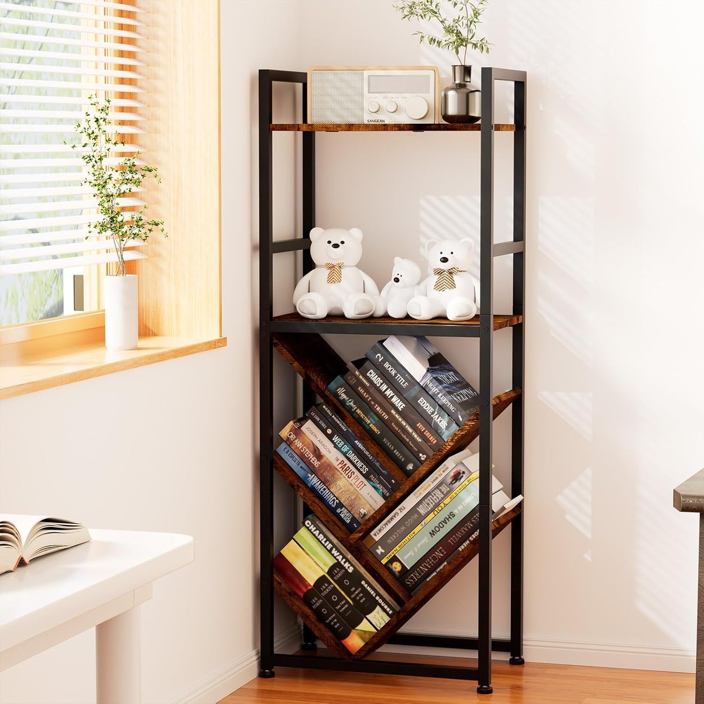 6-Tier Tree Bookshelf for Corner & Small Spaces, Modern Rustic Metal Bookcase Storage Organizer for Books, CDs, Movies – Industrial Floor Standing Bookshelves for Bedroom, Living Room, Home Office