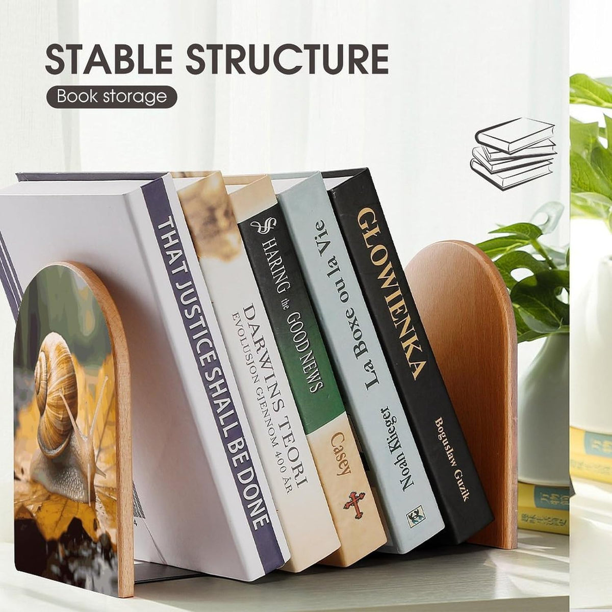 Snail in Leaves Wooden Bookend Non-Slip Book Ends Heavy Duty Book Stopper with Metal Base Books Holderd Decorative Bookends Stands Firmly for Office Supplies