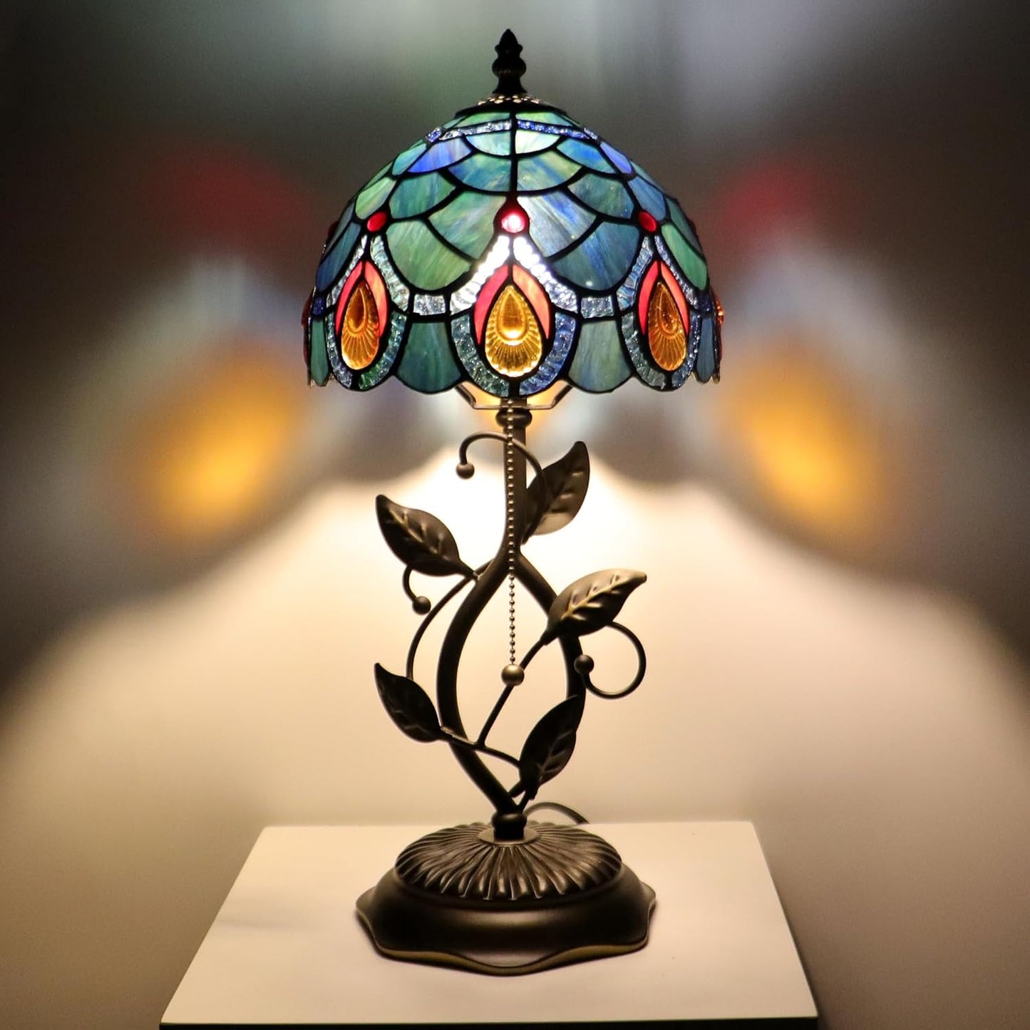 Small Tiffany Lamp Sea Blue Peacock Tail Style Stained Glass Table Lamps Desk Bedside Reading Light 8X8X18 Inches with Bronze Metal Leaf Resin Base