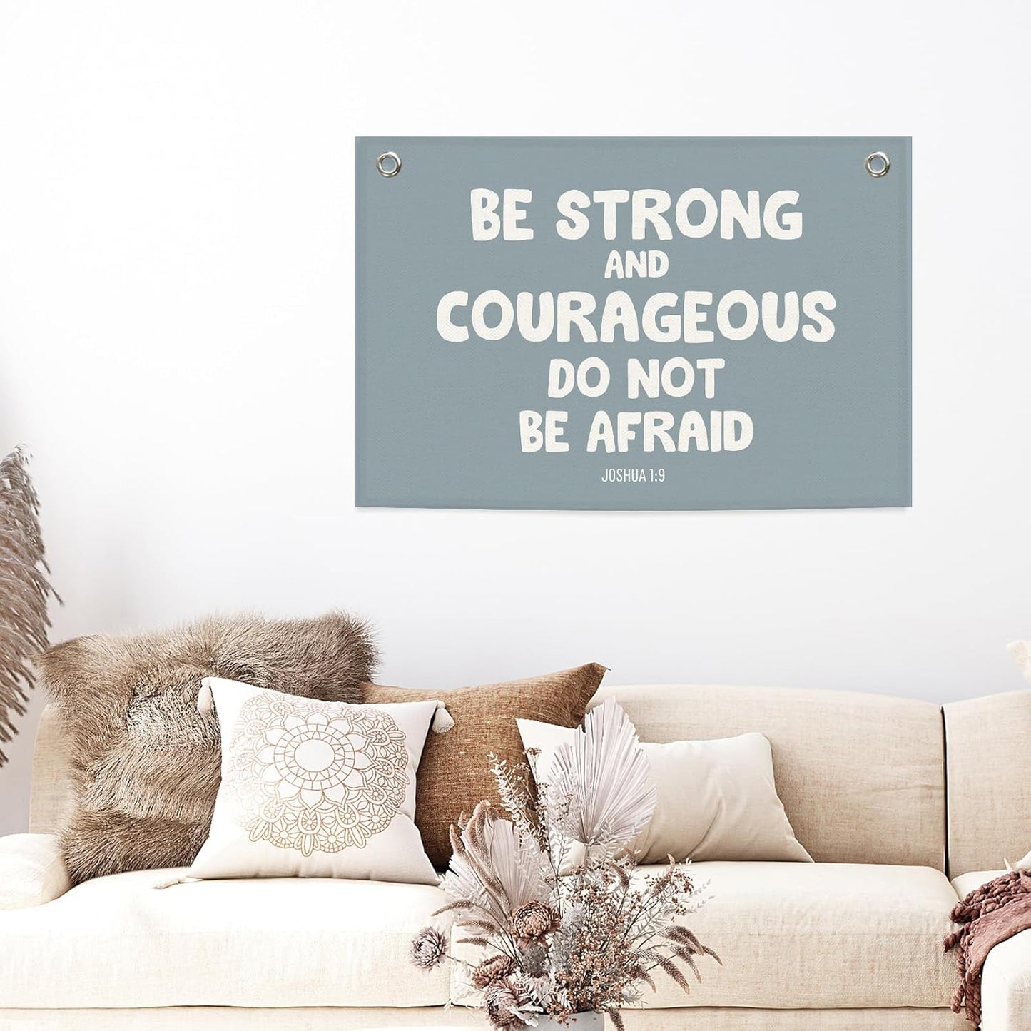 Blue Christian Kids Boys Banner Canvas, Bible Verse Be Strong Courageous Toddler Room Decor, Inspirational Hanging Flag Sign, Nursery Wall Tapestry Art for Playroom Bedroom Classroom 20x30in