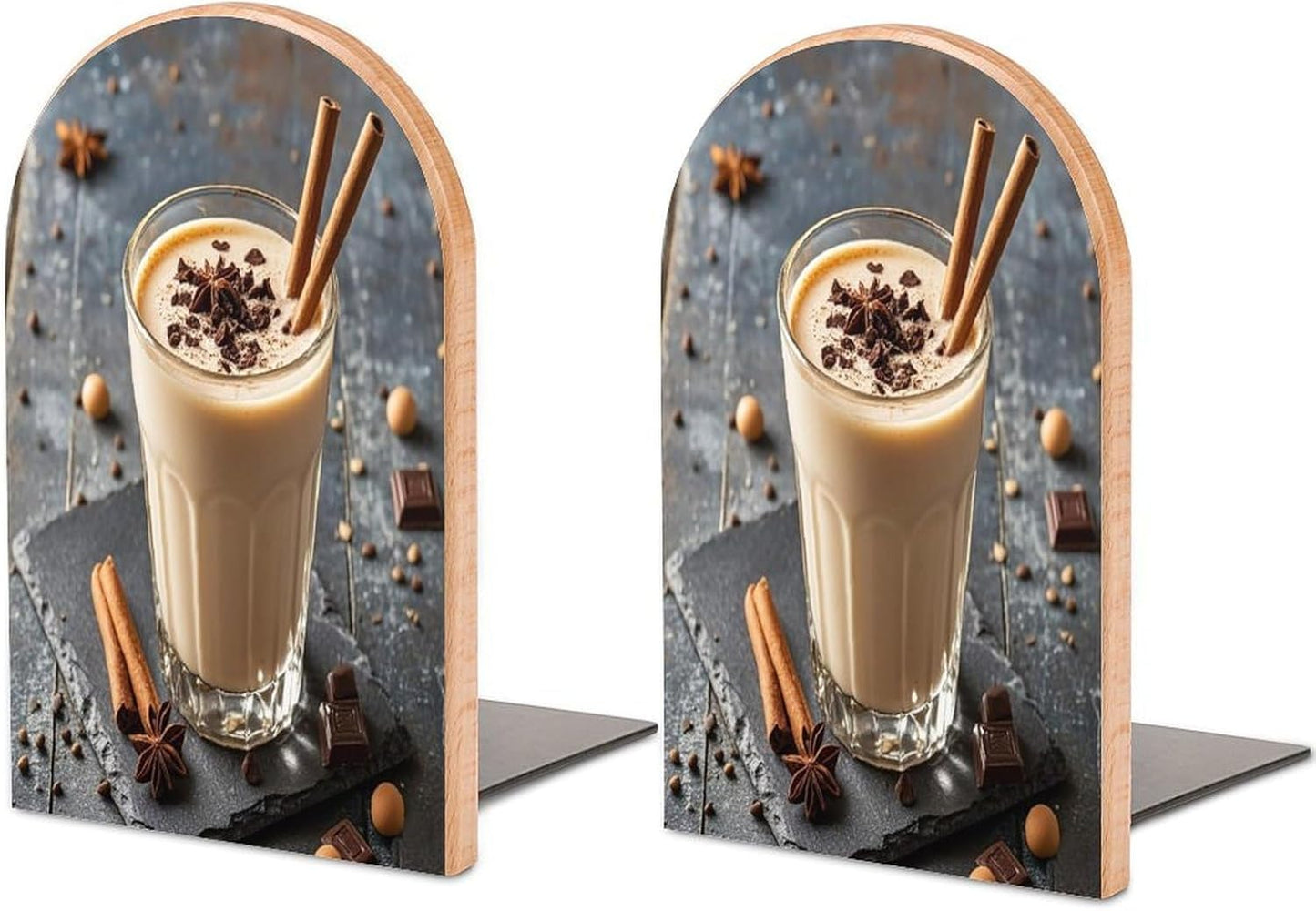Eggnog Bookends 1 Pair Heavy Duty Book Ends for Shelves Non-Skid Bookend Supports Wooden Book Holders with Metal Base Desk Organizers Books Storage to Hold Books