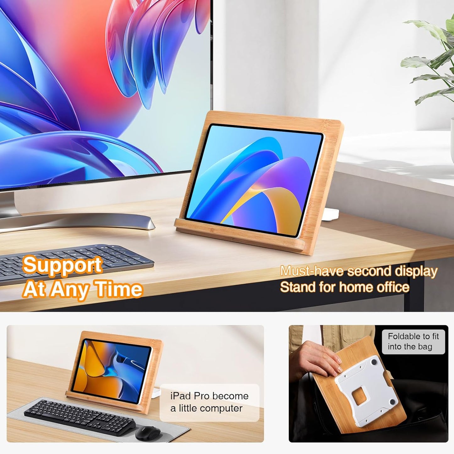 wishacc Bamboo Tablet Stand for Desk, 11"x8.2" Large Wooden Tablet Holder with Adjustable Angles, Thick Case Friendly Wood Stand for iPad Pro 12.9, Samsung, E-Readers, Kitchen & Drawing