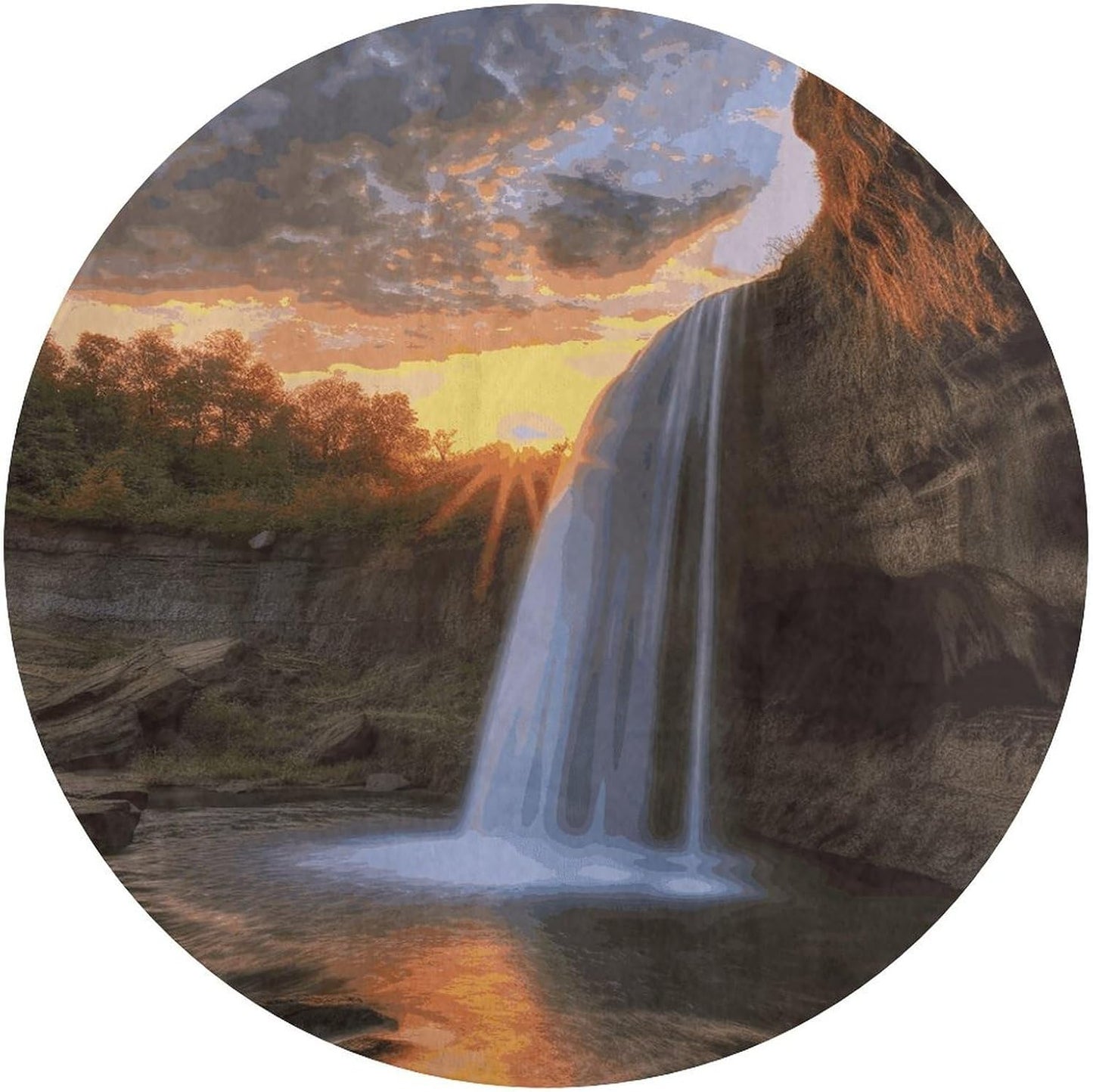 Waterfall at Sunset Circle Rug Retro Luxury Coral Velvet Floor Mat Non Slip Soft Indoor Floor Carpet Comfy Thickened Area Rugs Modern Aesthetic Minimalist Carpets for Home Decor