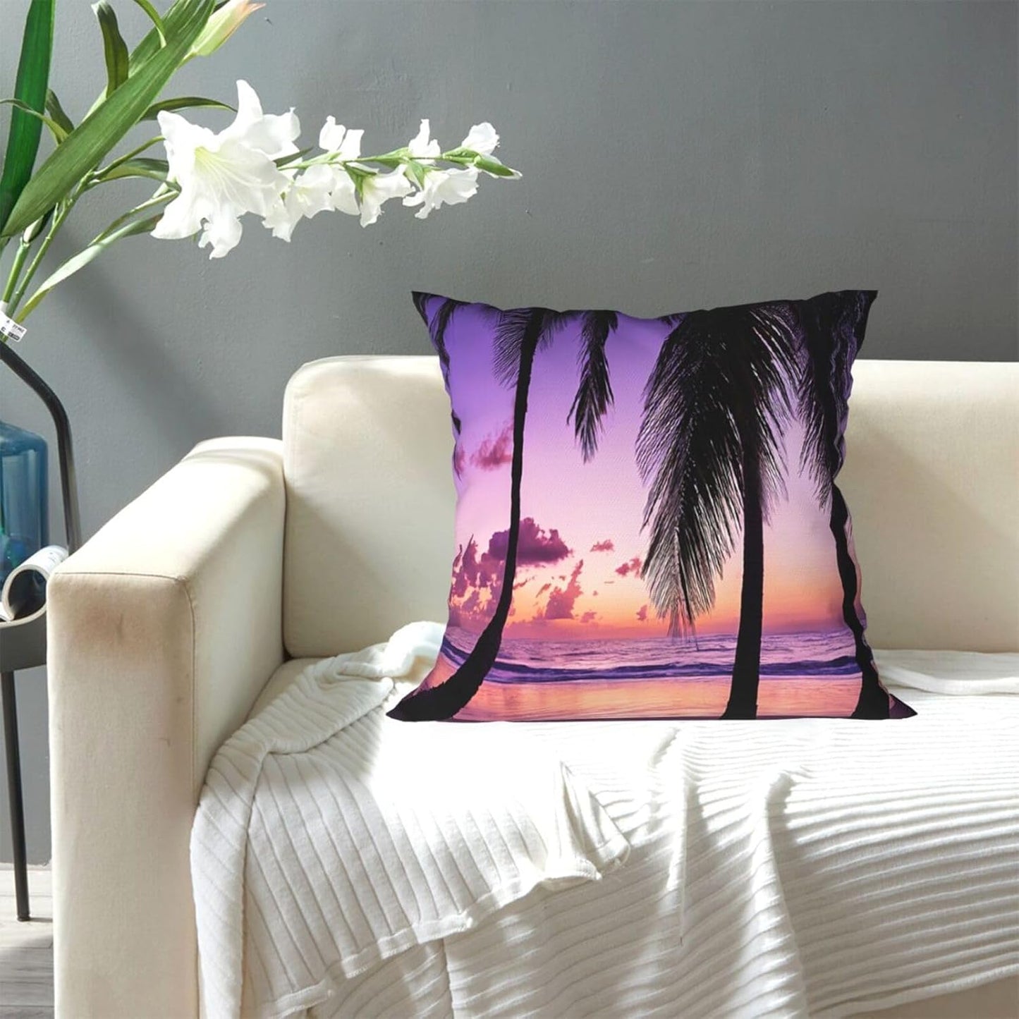 All-Season Square Pillow Covers 18"X18", Palm Trees Sunset, Decorative Throw Pillow Covers for Sofa Bed Couch, Hidden Zipper Cushion Cover, Square Lumbar & Accent Pillowcases for Home Decor