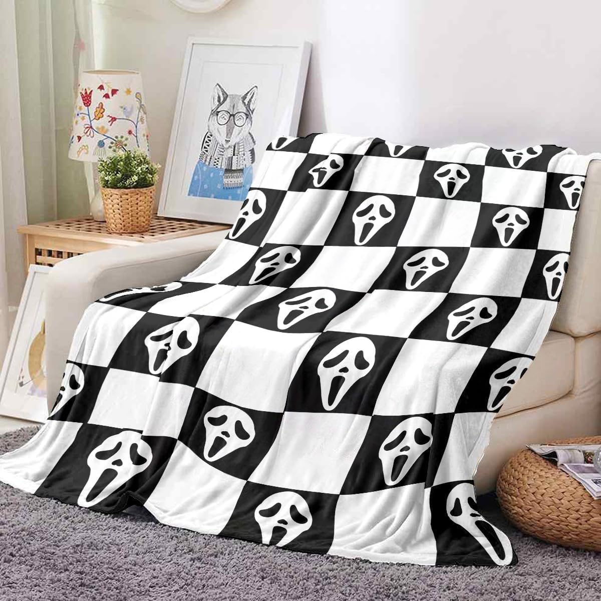 Spooky Face Throw Blanket, Black and White Checkered Pattern, Halloween Ghost Blankets Fuzzy Gifts for Sofa Couch Bedroom (60 * 80 inch)