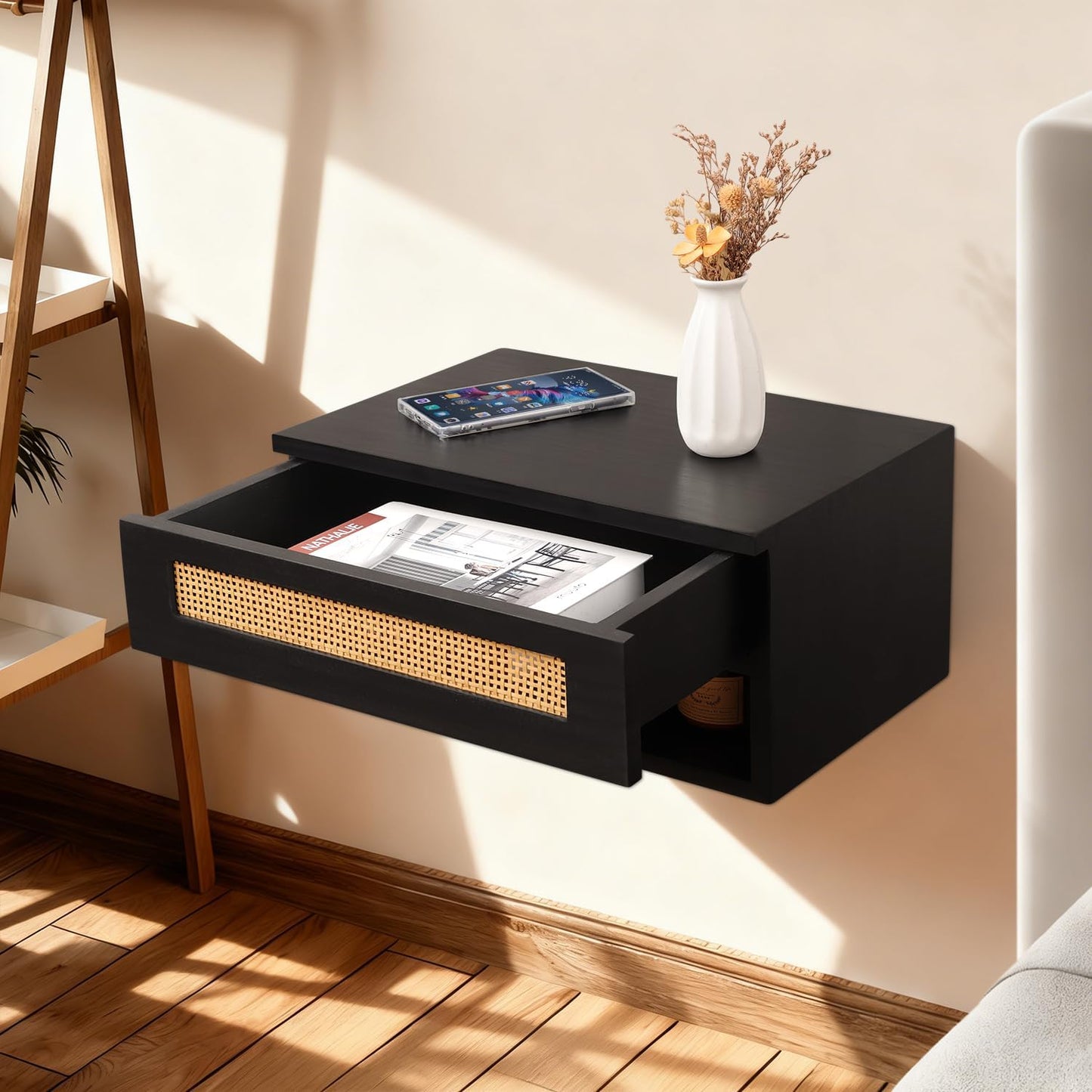 Floating Nightstand, Small Modern Rattan Floating Nightstand with Drawer, Floating Shelves for Bedroom, Bathroom Minimalist and Unique Style 16”x 10”x 8”Black