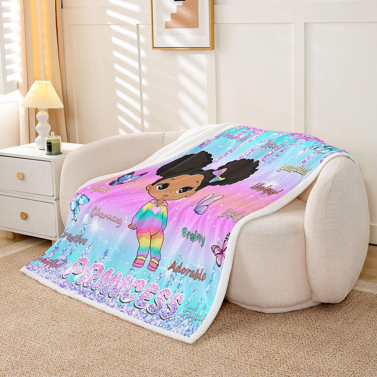 Feelyou Afro Cartoon Girl Sherpa Throw Blanket for Couch Rainbow Super Soft Cozy Fleece Pastel Gradient Blanket for Winter, Plush Throw Butterfly Princess African Woman Queen 90"x90" All Season