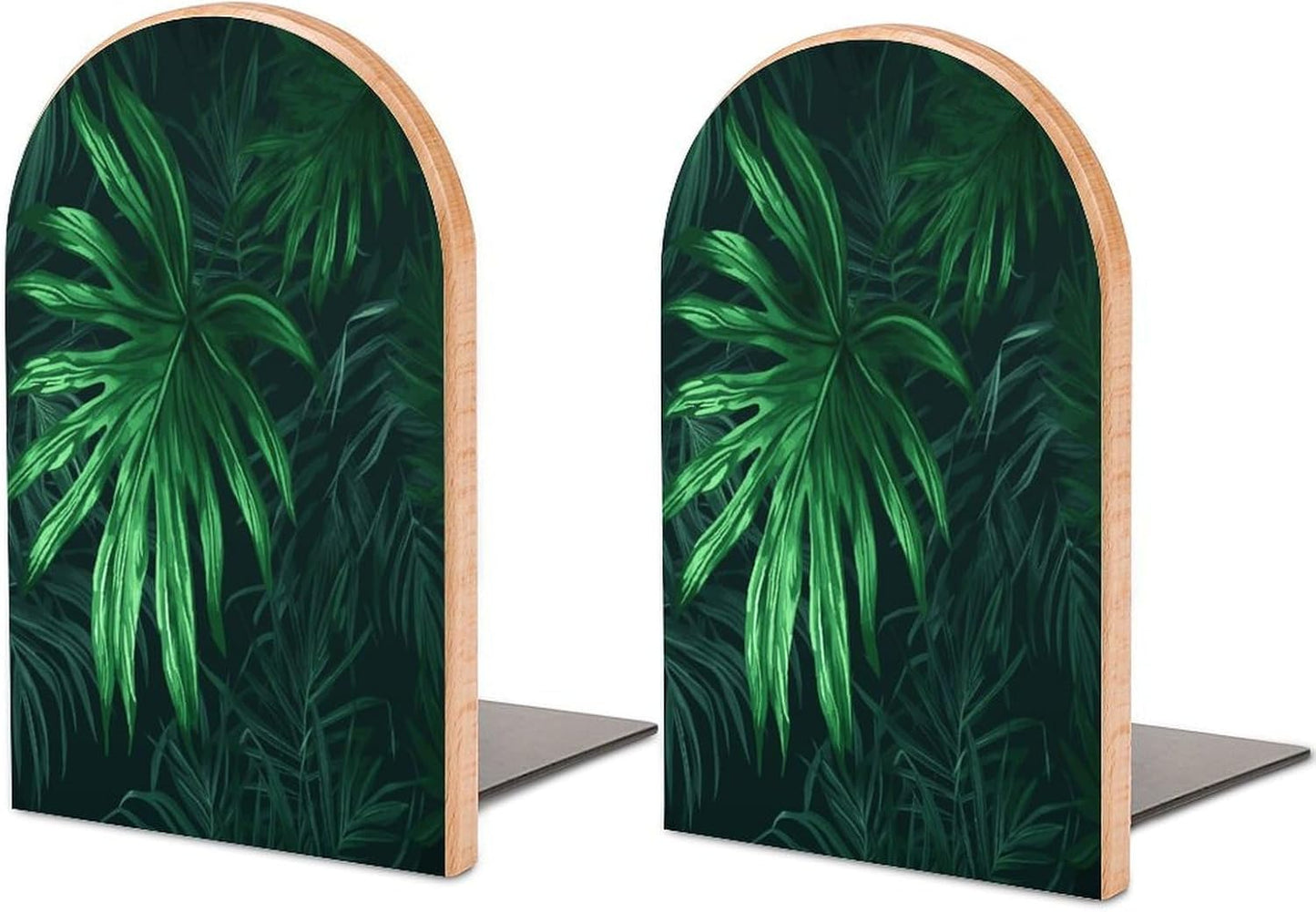 Green Tropical Jungle Plant Bookends 1 Pair Heavy Duty Book Ends for Shelves Non-Skid Bookend Supports Wooden Book Holders with Metal Base Desk Organizers Books Storage to Hold Books