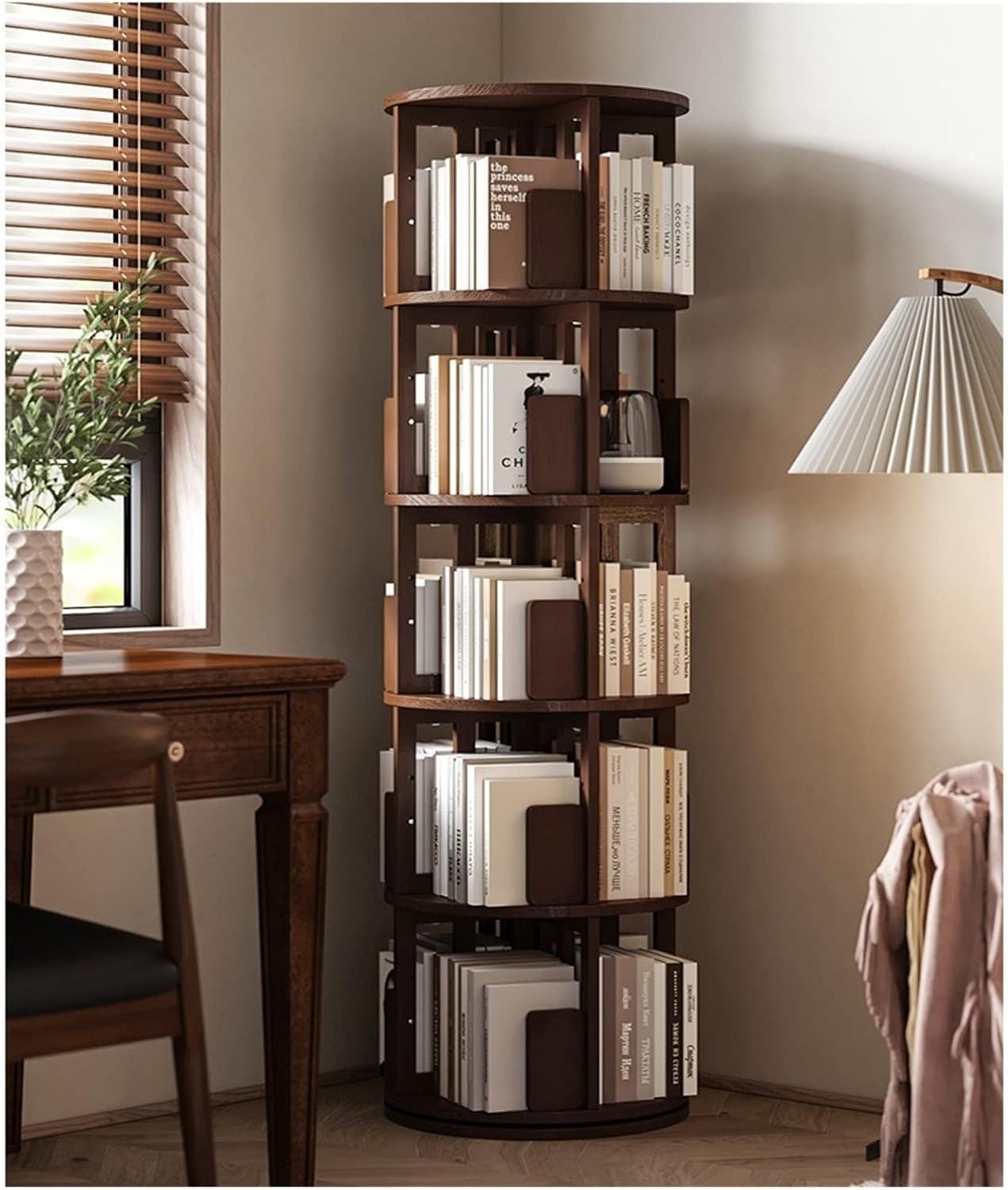 Round Solid Wood Rotating Bookshelf Corner Bookcase, Floor-to-Ceiling Storage Rack for Living Room Picture Book Rack MINGPING (Size : 45.5x45.5x161.5cm Log Color) ()