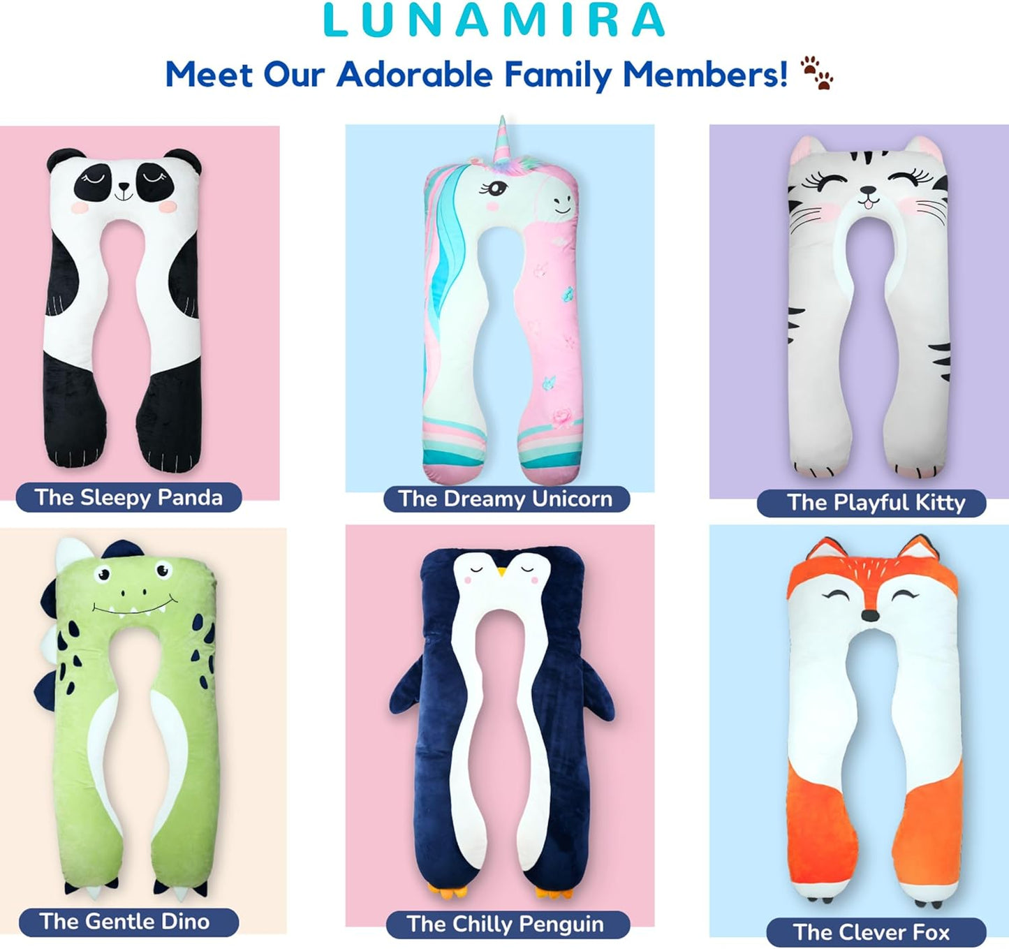 LUNAMIRA Penguin Kids Body Pillow - 47" U-Shape Long Plush Animal Pillow for Kids, Sleeping, Reading, ADHD & Special Needs Comfort, Anxiety, Washable Cover, Snuggle Fun Cuddle Gift for Boys & Girls