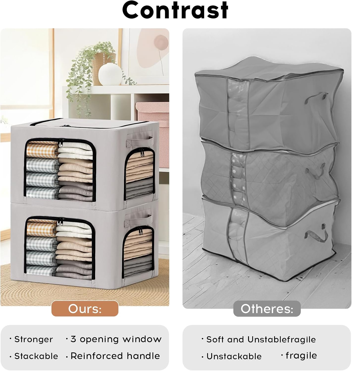 3-Pack Clothes Organizer Bins with Metal Frame, Foldable 40L Linen Storage Boxes with Lids, Clear Windows, Zippers & Durable Handles (Light Gray)