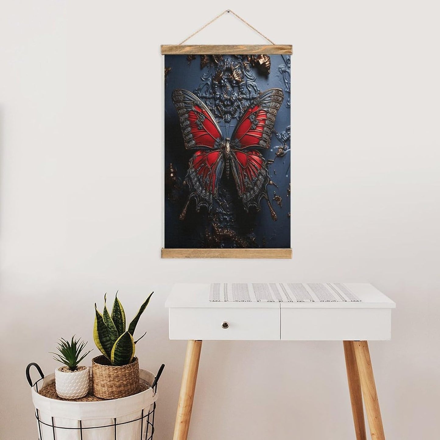Vintage Red Butterfly Poster with Wooden Frame Personalized Linen Hanging Scroll Painting Rustic Wall Hanging Illustrative Modern Artwork Decor for Home Living Room Bedroom Office