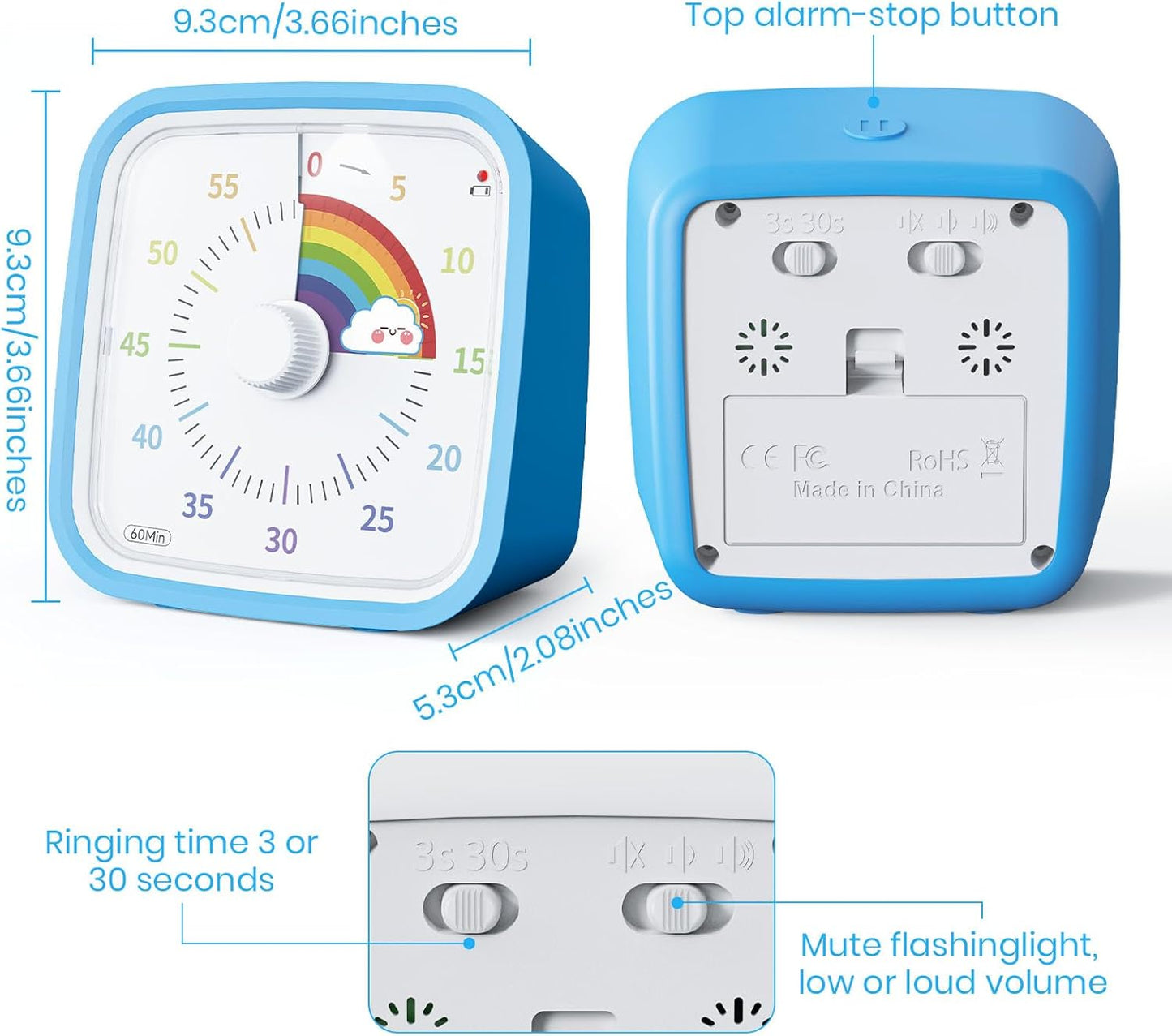 Yunbaoit Visual Timer with Protective Case, Rainbow Disk 60 Minute Countdown Timer for Kids and Adults, Silent Time Management Tool(Blue Rainbow)