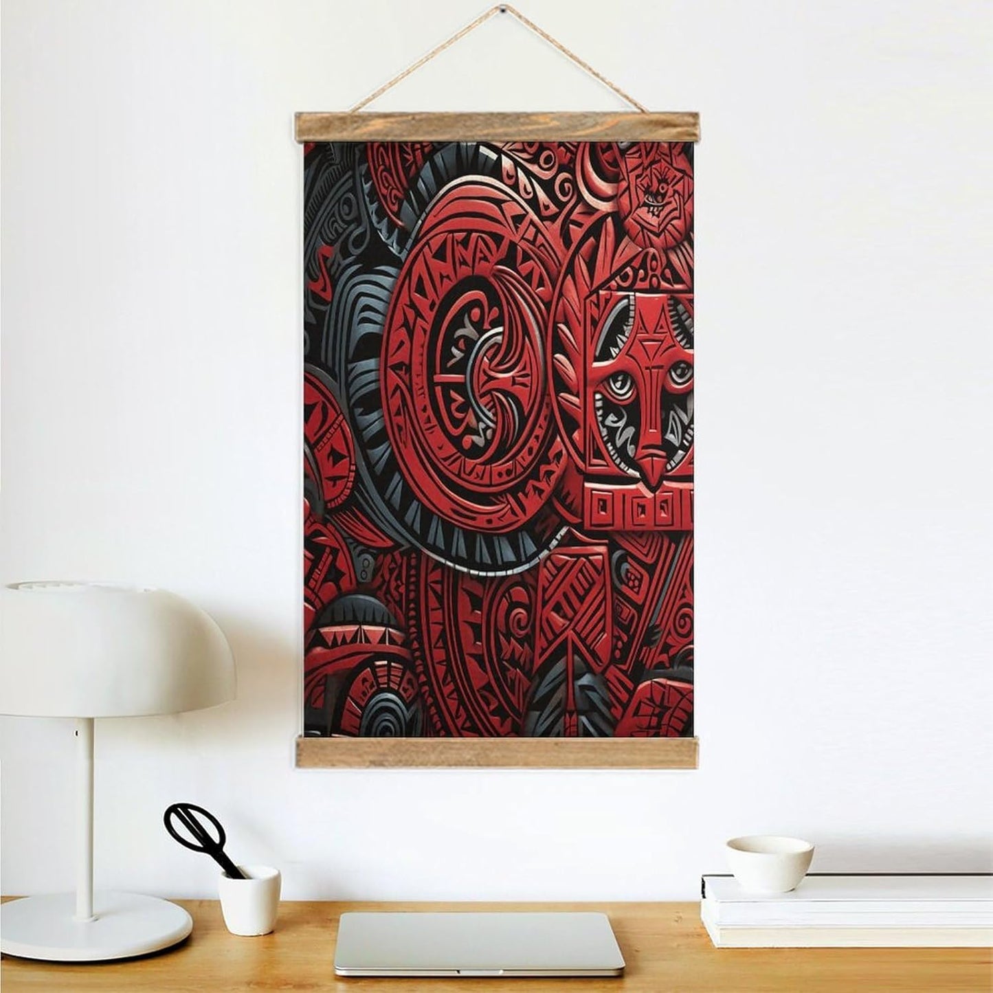 Vintage Red Tribal Pattern Poster with Wooden Frame Personalized Linen Hanging Scroll Painting Rustic Wall Hanging Illustrative Modern Artwork Decor for Home Living Room Bedroom Office
