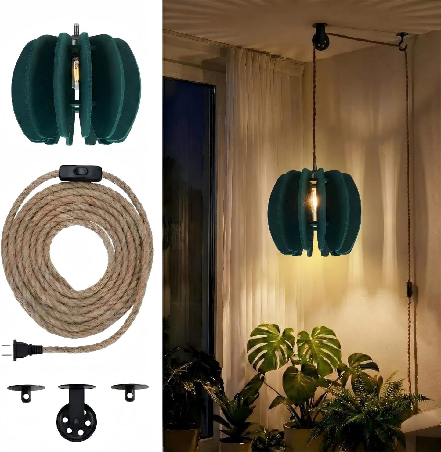 Pendant Light with Felt Lampshade, Modern Hanging Lamp Fixture, DIY Acoustic Plug-in Pendant Light for Kitchen Island, Living Room, Dining Room, Bedroom, Office (D11.8"x10.2")