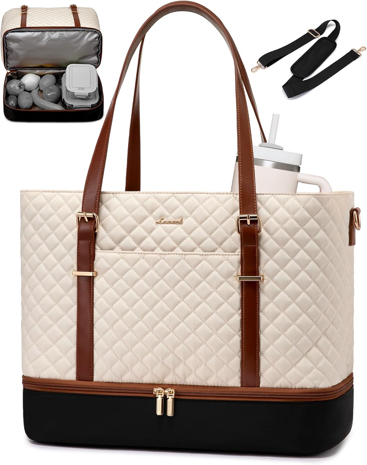 LOVEVOOK Lunch Tote Bag for Women, 15.6 Inch Laptop Work Bag With Lunch Compartment & Large Cup Holder, Lightweight Work Briefcase for Travel, Bussiness, Teacher