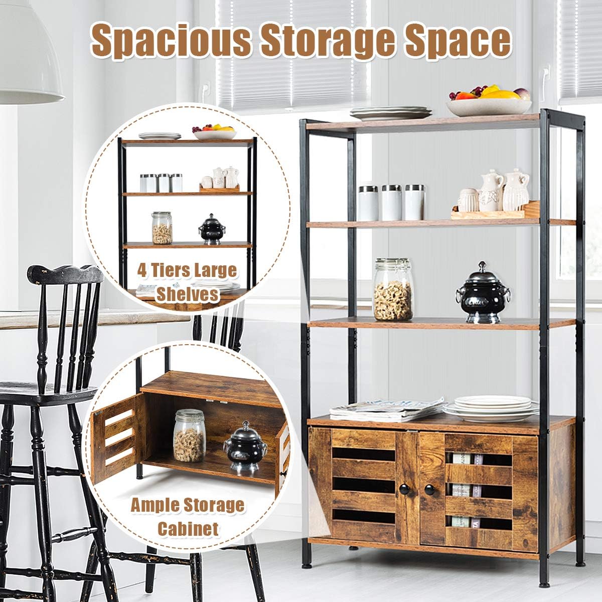 Tangkula Storage Cabinet, Industrial Bookshelf and Bookcase, Freestanding Floor Cabinet with 3 Shelves and 2 Louvered Doors, for Living Room Study Home Office, 27.5 x 12 x 47.5 Inch, Rustic Brown