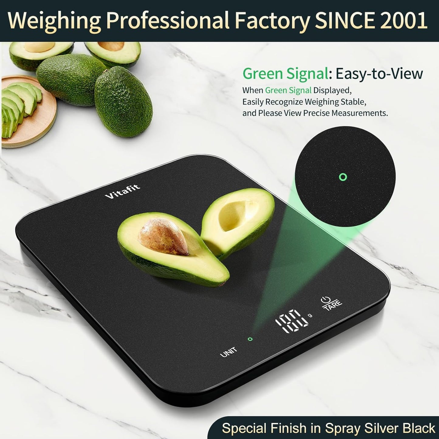Vitafit 33lb/15kg Digital Food Scale in High Precision 0.1oz/1g, Our Own Kitchen Scale Professional Factory Since 2001, Kitchen Essentials for Cooking & Baking, LED, 3*AAA Battery, Spray Silver Black