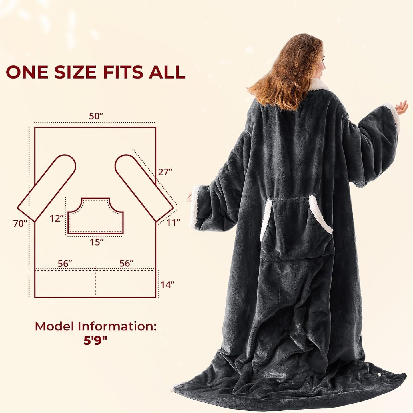 JOLLYVOGUE Wearable Heated Blanket - Heating Electric Blanket with Sleeves & Foot Pocket, Heated Throw for Adult, Birthday Gifts with 7 Heat Settings & fixed 4h Auto Shut-off (50*70 Inch, Dark Grey)
