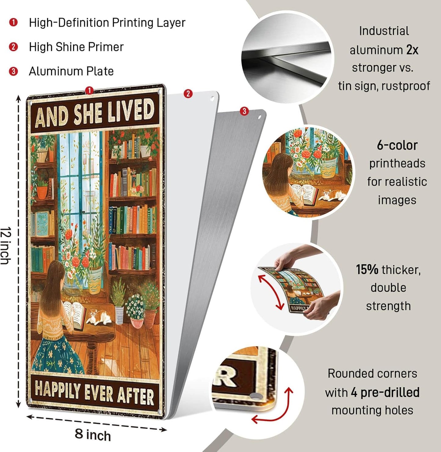Vintage Garden Signs Reading Poster for Home Living Room Wall Art Decor Aesthetic - And She Lived Happily Ever After, Cottagecore Tin Sign 8X12 Inches