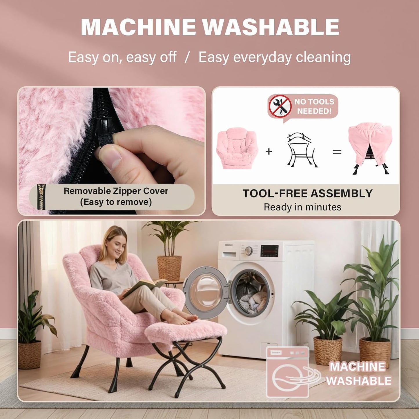 Lazy Chair and Ottoman, Large Contemporary Plush Pink Accent Chair with Side Pocket, Modern Leisure Upholstered Reading Armchair with Footrest for Office, Bedroom, Living Room, Dorm, Balcony