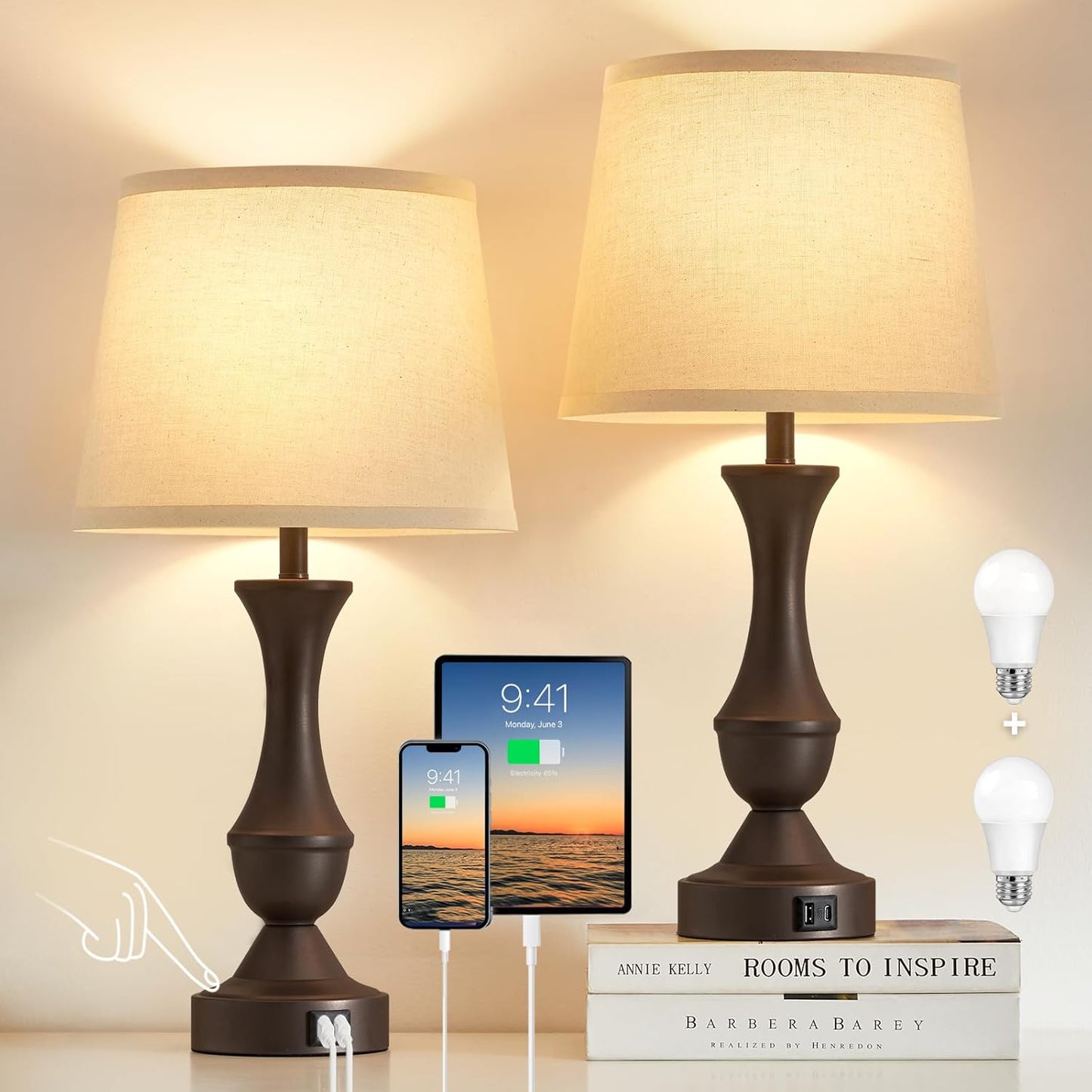 Luvkczc 22" Table Lamp Set of 2 - Vintage Brown Bedside Lamp with Beige Fabric Shade, Dimmable, USB C+A Ports, Nightstand Lamp for Living Room Bedroom (Bulb Included)