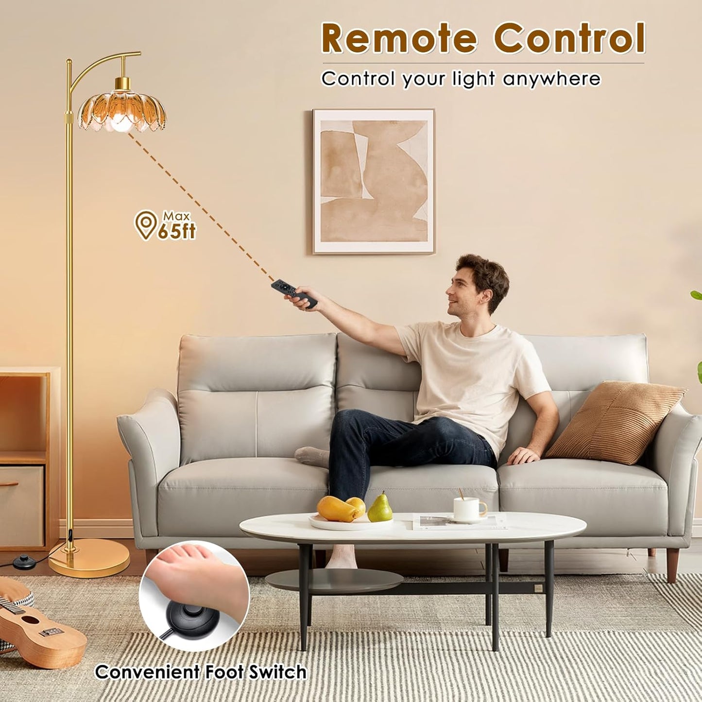 Arc Floor Lamp with Remote: Dimmable LED Gold Floor Lamps for Living Room Bedroom Office, Vintage Flower Adjustable Tall Reading Lamps Floor Standing for Housewarming Gifts