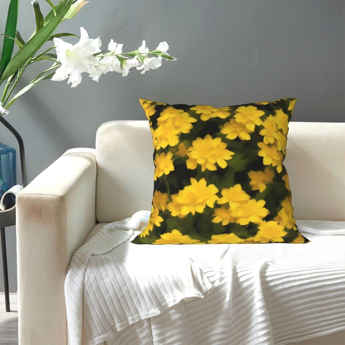 All-Season Square Pillow Covers 18"X18", Yellow Flowers, Decorative Throw Pillow Covers for Sofa Bed Couch, Hidden Zipper Cushion Cover, Square Lumbar & Accent Pillowcases for Home Decor