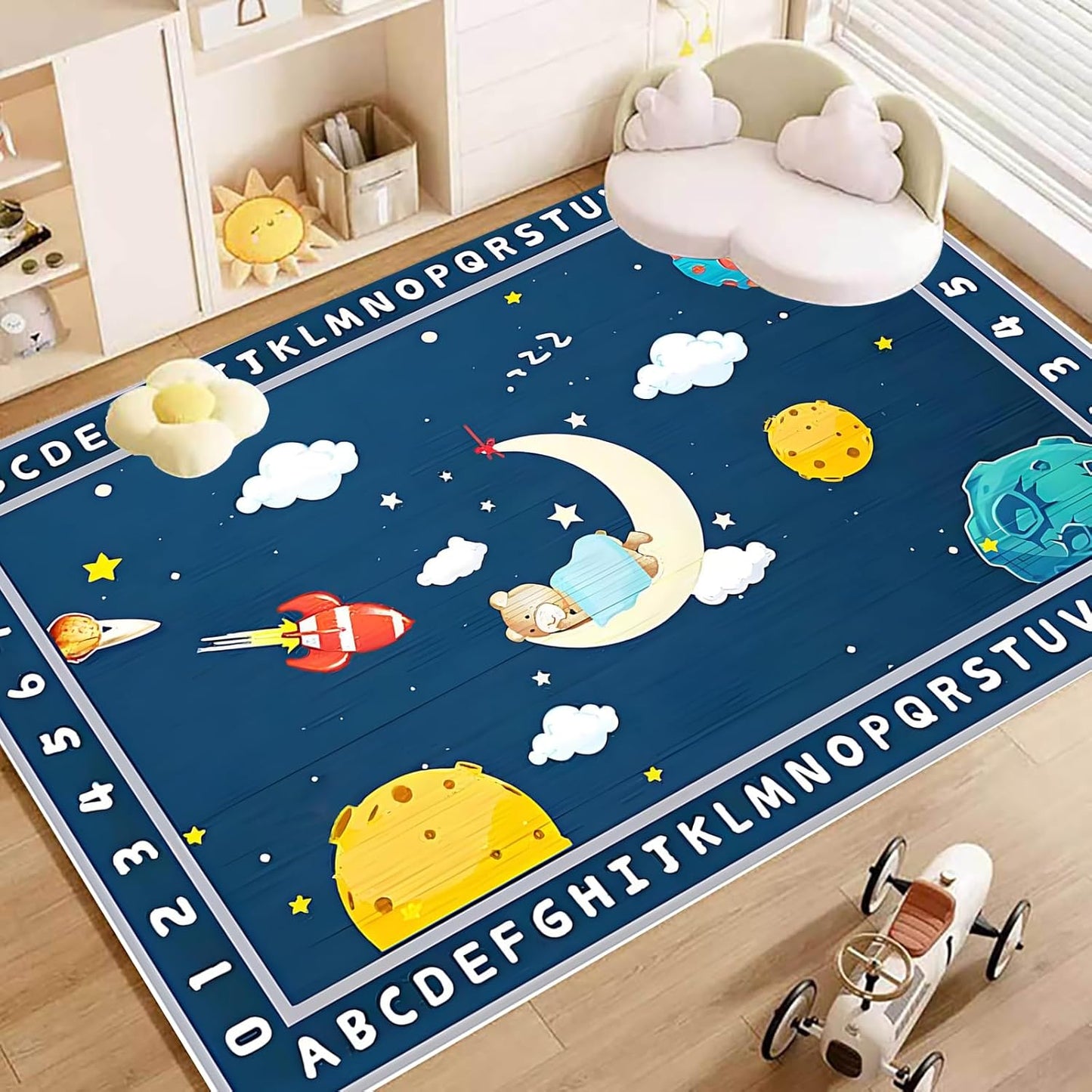ABC Alphabet Numbers Blue Kids Rugs 3x5ft for Bedroom Playroom Cartoon Rocket Moon Clouds Space Area Rug Soft Carpet Children Playmat
