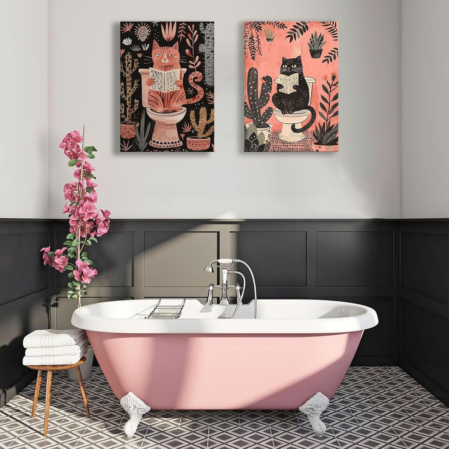 2Pcs Funny Cat Bathroom Wall Art Pink Cute Pets Canvas Wall Decor Cat Reading Newspaper On The Toilet Posters Picture Cactus Prints Animals Plants Trendy Painting for Bathroom Decoration 12x16in