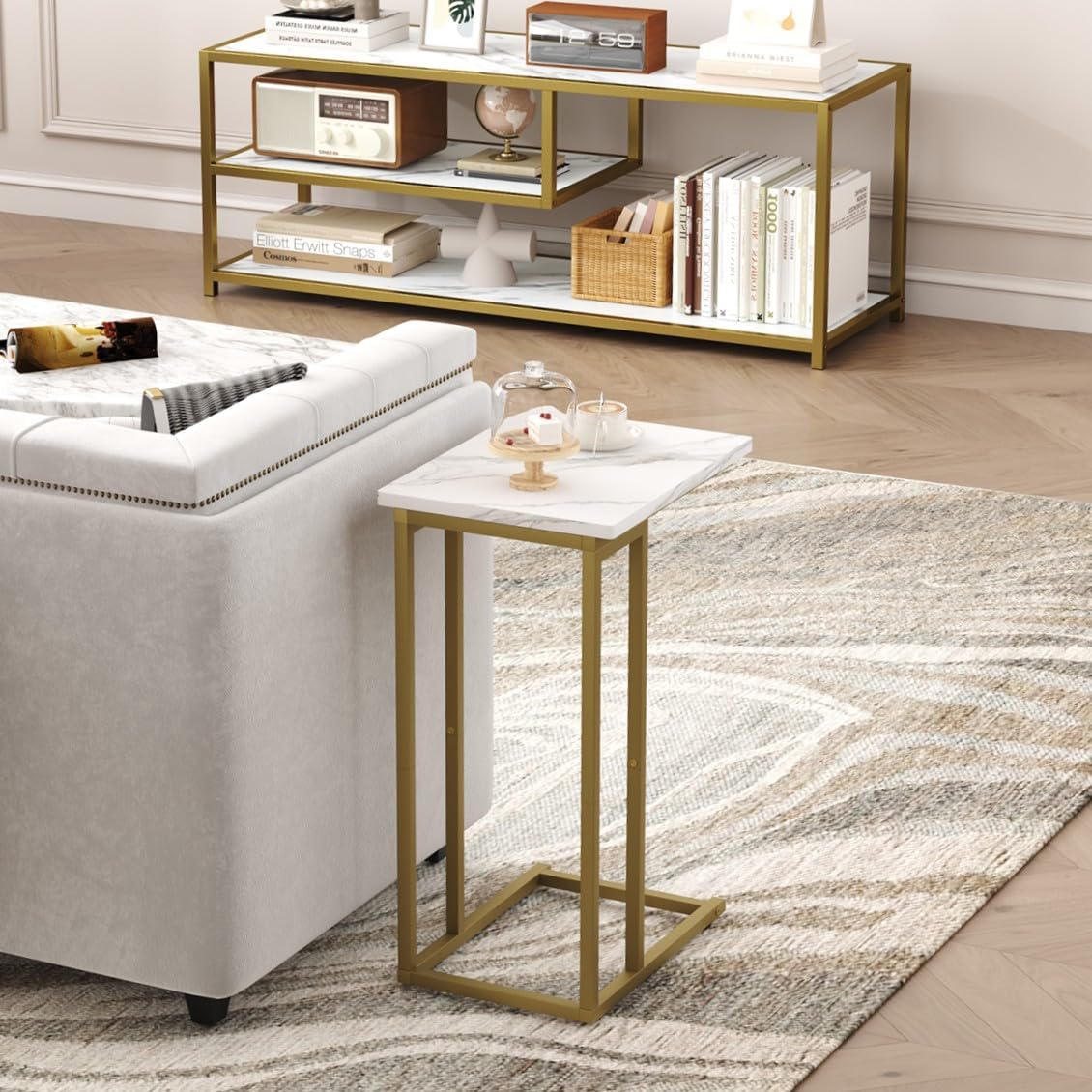 Function Home C Shaped End Table, Small Side Tables for Sofa Bed, Couch Tables That Slide Under, Drink Snack Table for Living Room Bedroom Small Space, White Wood Top and Gold Metal Frame