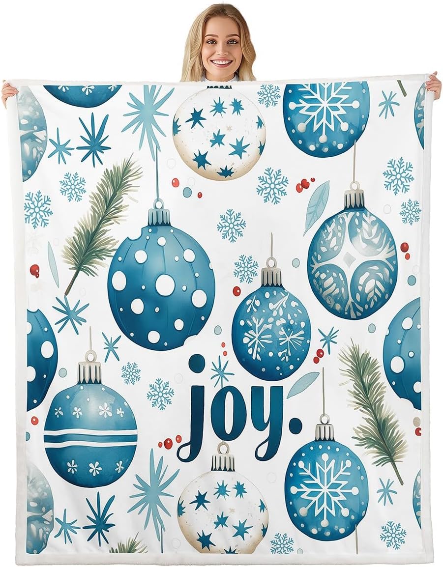 Feelyou Merry Christmas Sherpa Twin 60"x80" Fashion Fleece Throw Blanket for Bed Sofa Couch Kids Women Men Ultra Soft Blue Snowflake Plush Blanket Glitter Stars Print Fuzzy Blanket Xmas