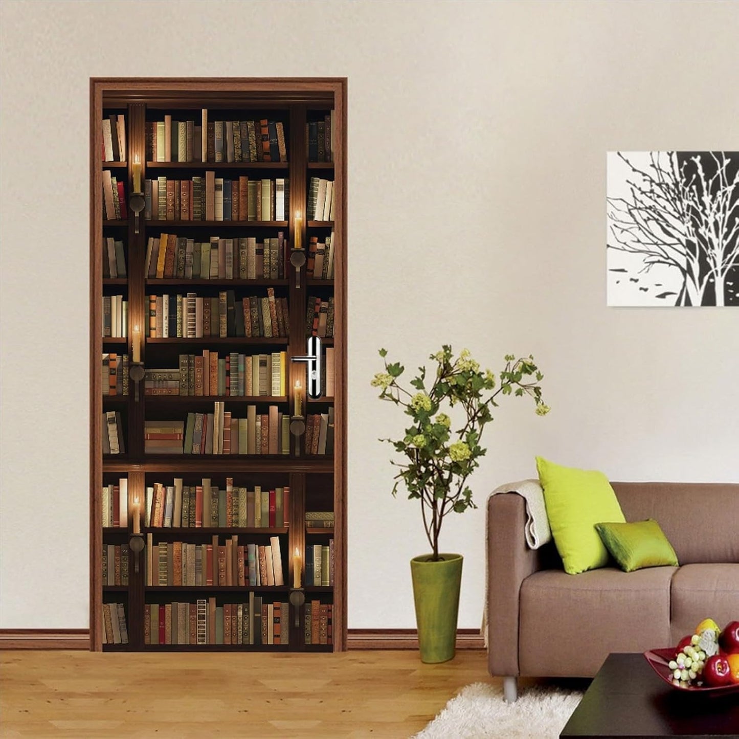 3D Door Stickers for Interior Doors Bookshelf Full of Old Books in Mysterious Library Vinyl Waterproof Self Adhesive Door Mural Decals for Bedroom Office Bathroom 77 x 200cm