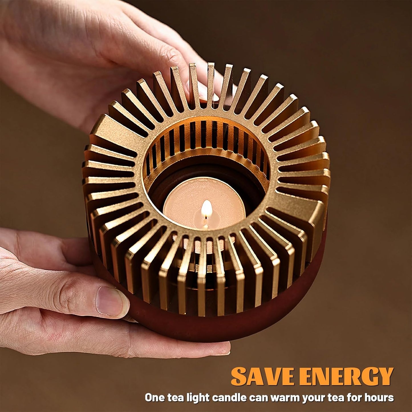 Inmorven Teapot Warmer, Aluminum Tea Warmer with Wooden Base, 4.33 inch Candle Heater for Heating Tea, Coffee, Milk, Food,Camping and Traveling, Suitable for All Teapots - S