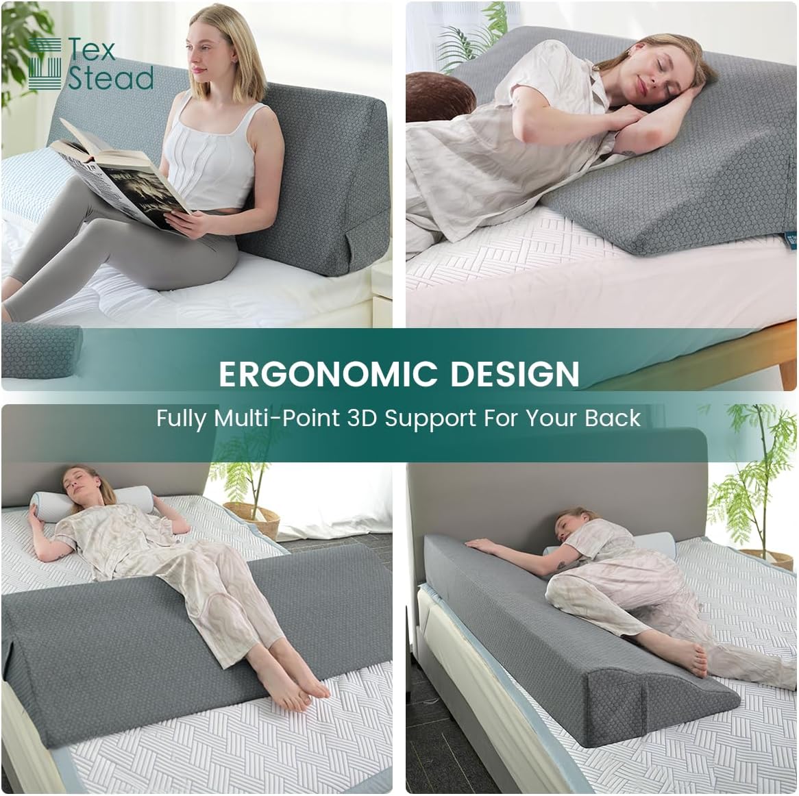 Twin Size Headboard Wedge Pillow with Washable Cover, Ergonomic Incline Memory Foam Cushion Reading Daybed Pillow for Back, Neck, Shoulder Support, Gray(39"x11.8"x19.68")