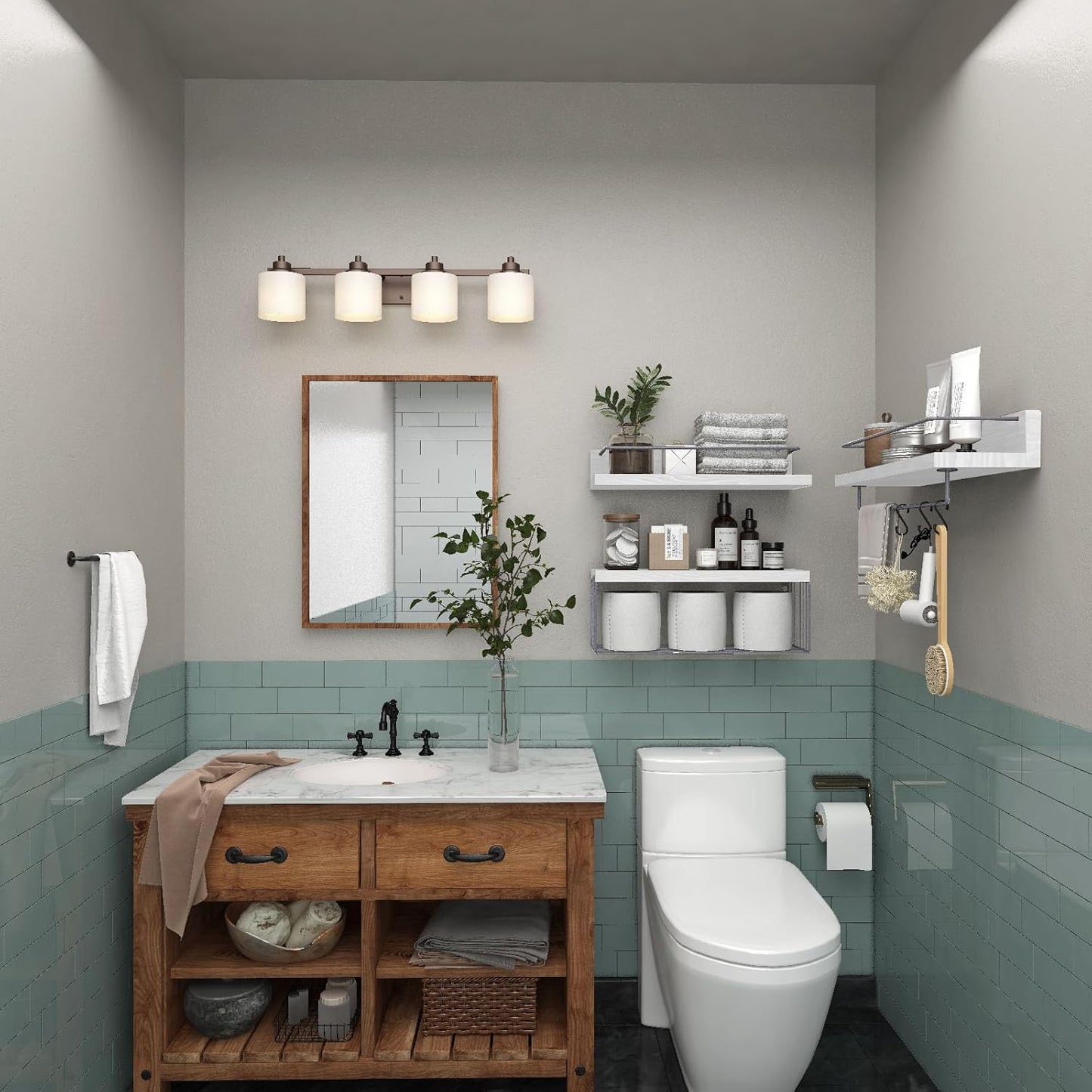 Bathroom Shelves Over Toilet for Wall, Floating Shelves with Storage Basket Paper Holer for Kitchen Living Room, Bedroom & Classroom, Set of 3 (White and Grey)