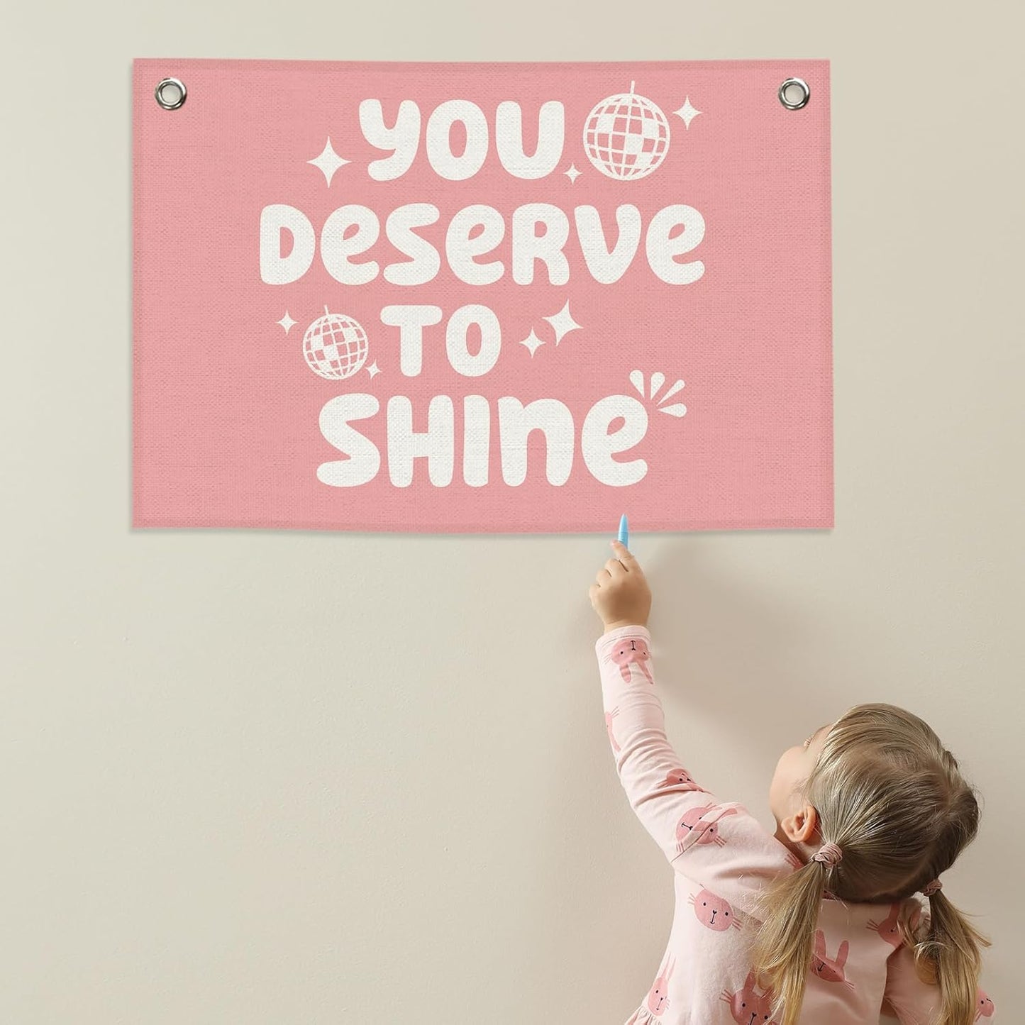 Pink Girls Kids Banner Canvas, Preppy Girly Toddler Room Decor, Inspirational You Deserve to Shine Hanging Flag Sign, Nursery Wall Tapestry Art for Baby Shower Playroom Bedroom Decor 20x30in