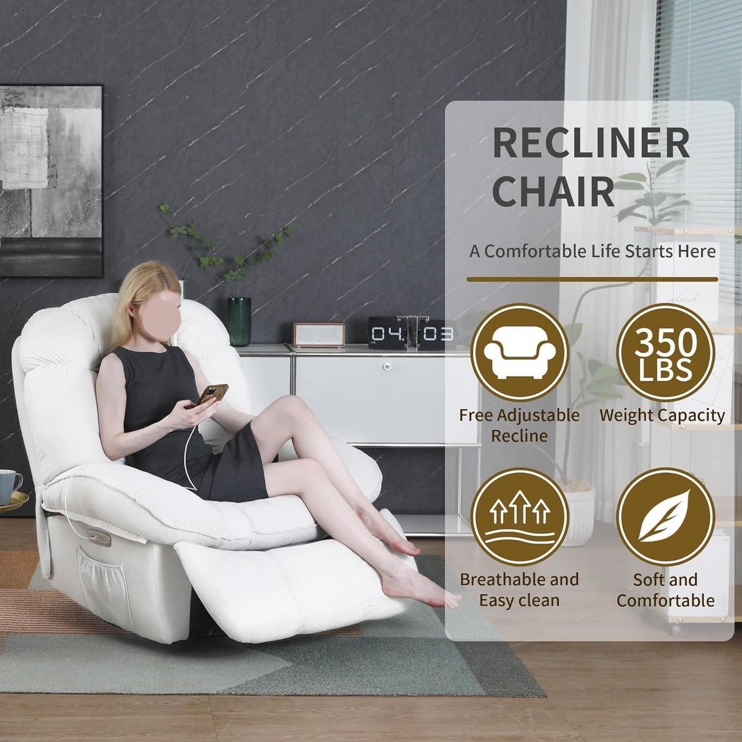 Power Recliner Chair with Massage and Heat Electric Swivel Rocker Recliners Chairs with USB Type-C for Adults Living Room Bedroom Home Theater
