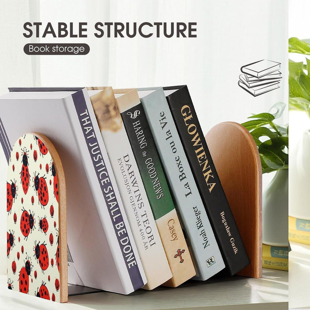 Red Ladybug Wooden Bookend Non-Slip Book Ends Heavy Duty Book Stopper with Metal Base Books Holderd Decorative Bookends Stands Firmly for Office Supplies