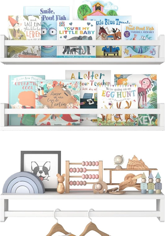 Floating Nursery Book Shelves for Wall, 15.7 Inch Nature Solid Wood Wall Mounted Bookshelf Set of 3, Hanging Bookshelves for Kids Room, Bedroom Nursery Decor and Book Storage (White)
