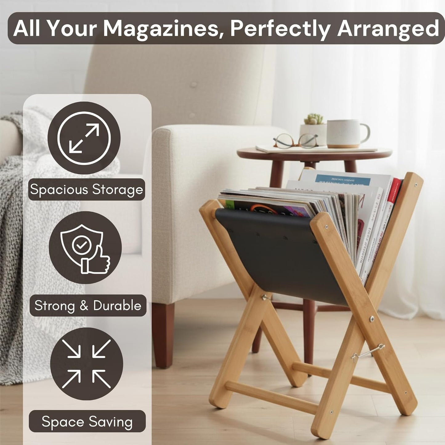 Premium Leather Magazine Holder - Wooden Magazine Rack Floor Standing - Brochure Holder and Book Display Stand - Modern Magazine File Holder & Newspaper Rack for Home, Bathroom, Office Decor