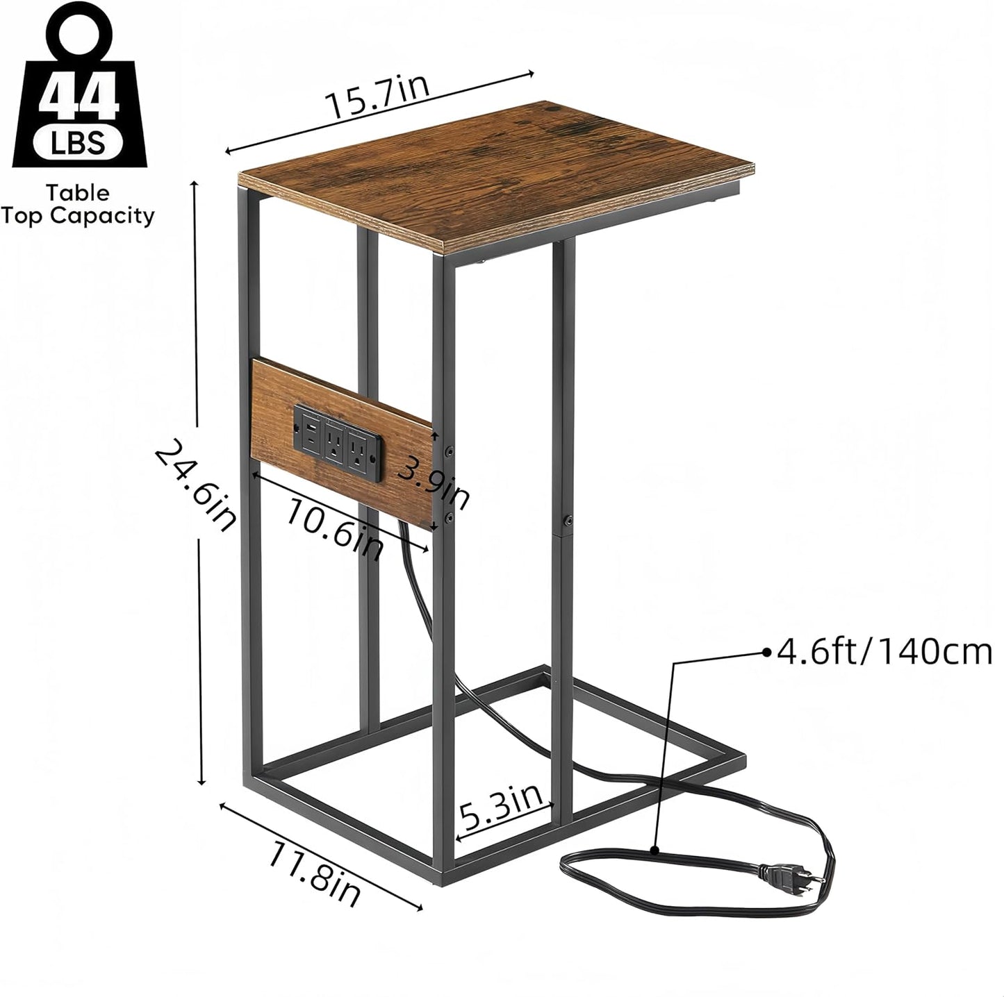 BUDOME C Shaped Side Table with Charging Station, End Table with Outlets, Sofa Table with USB C Ports, C Table with Premium Surface and Metal Frame for Living Room