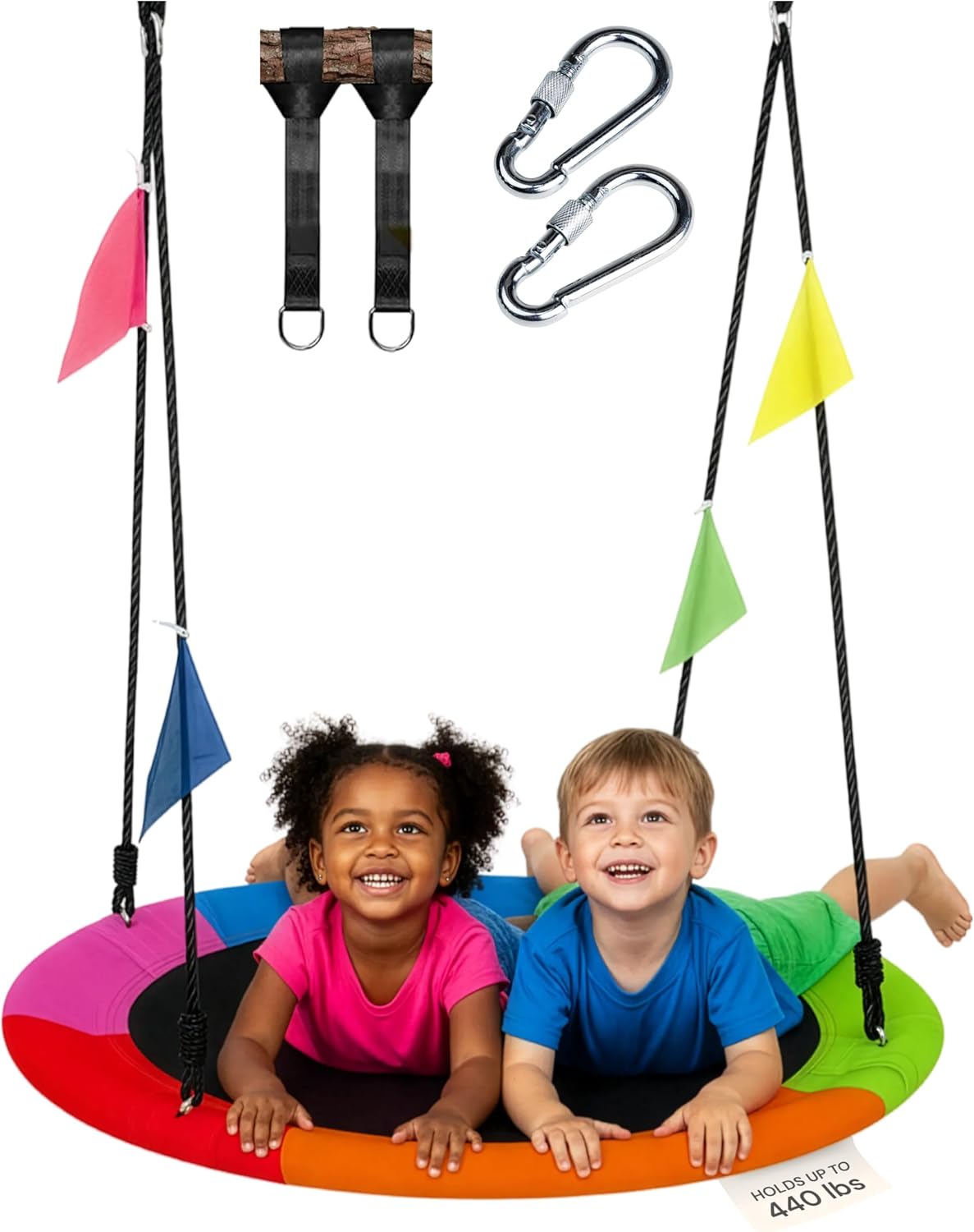 PLAYVIBE 40" Saucer Swing for Kids Outdoor - Gifts for Indoor Playroom & Birthday - Tree Swing Set for Backyard, 440 lb Capacity - Multicolor 600D Oxford Fabric & Adjustable Ropes, Straps & Carabiners