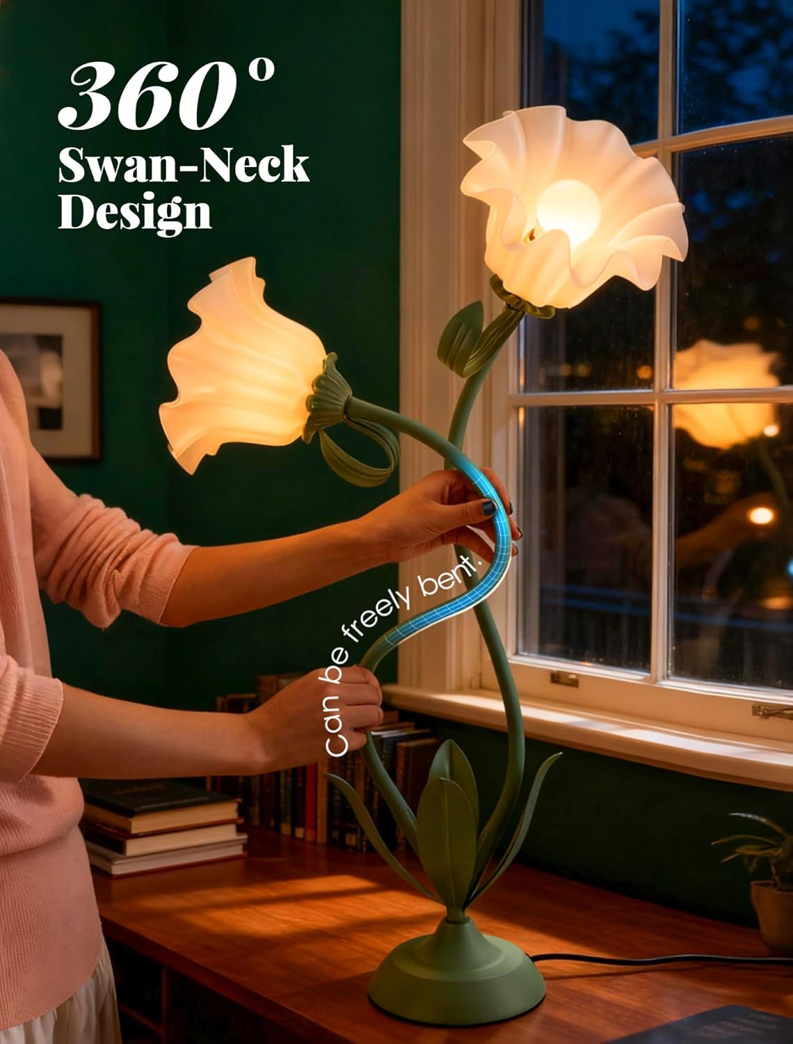 Flower Desk Lamp, Vintage Bedside Table Lamp for Bedroom, Flexible LED Reading Light with 3 Color Modes and Clamp, Unique Aesthetic Home Living Room Decor Dorm Essentials Valentines Day Gifts(Green)