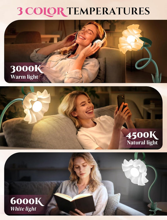 ONXE Clip On Light and Flower Desk Lamp, Flexible Gooseneck Reading Book Light with 3 Color Modes Cute Table Lamp Decor, Clip on Bedside Lamp for Bed Headboard,Table, Nursery,Dorm (Green-02)
