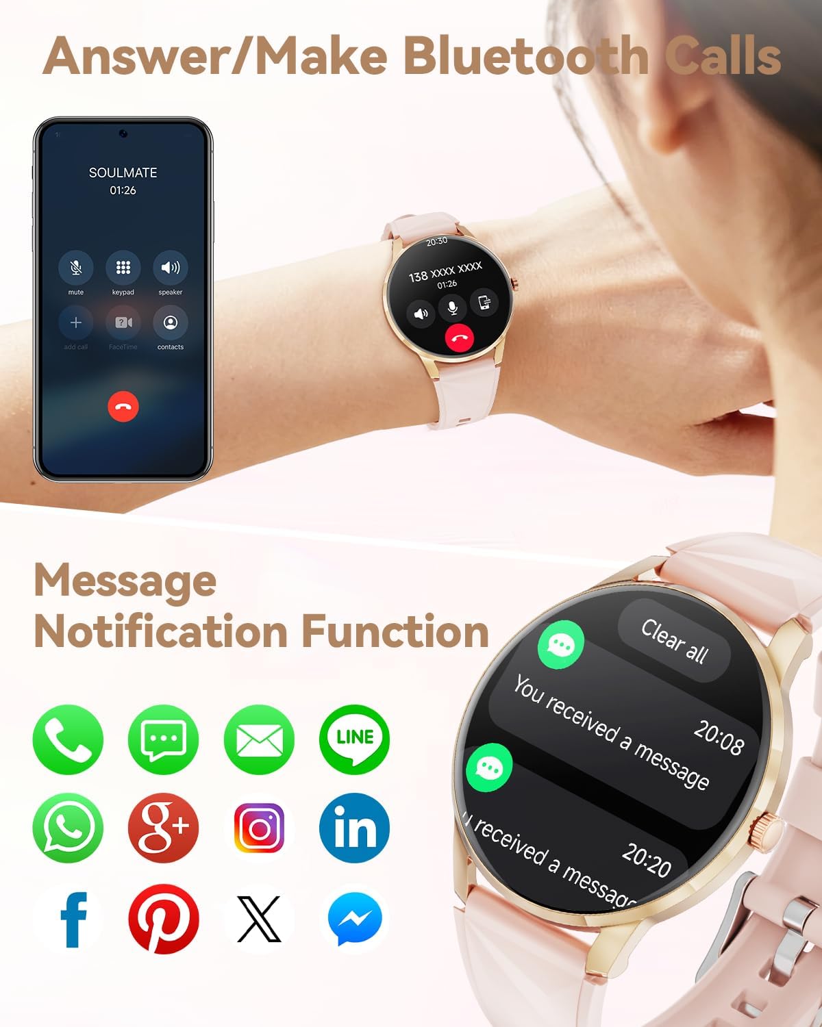 Smart Watch for Women Android/iPhone, 1.32" AMOLED Screen Smartwatch with Answer/Make Call/Fitness Tracker/Heart Rate/SpO2/Sleep Monitor/110+ Sport Modes, 2 Bands