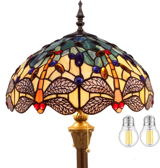 WERFACTORY Tiffany Floor Lamp Blue Yellow Stained Glass Dragonfly Standing Reading Light 16X16X64 Inches Antique Pole Corner Lamp Decor Bedroom Living Room Home Office S128 Series