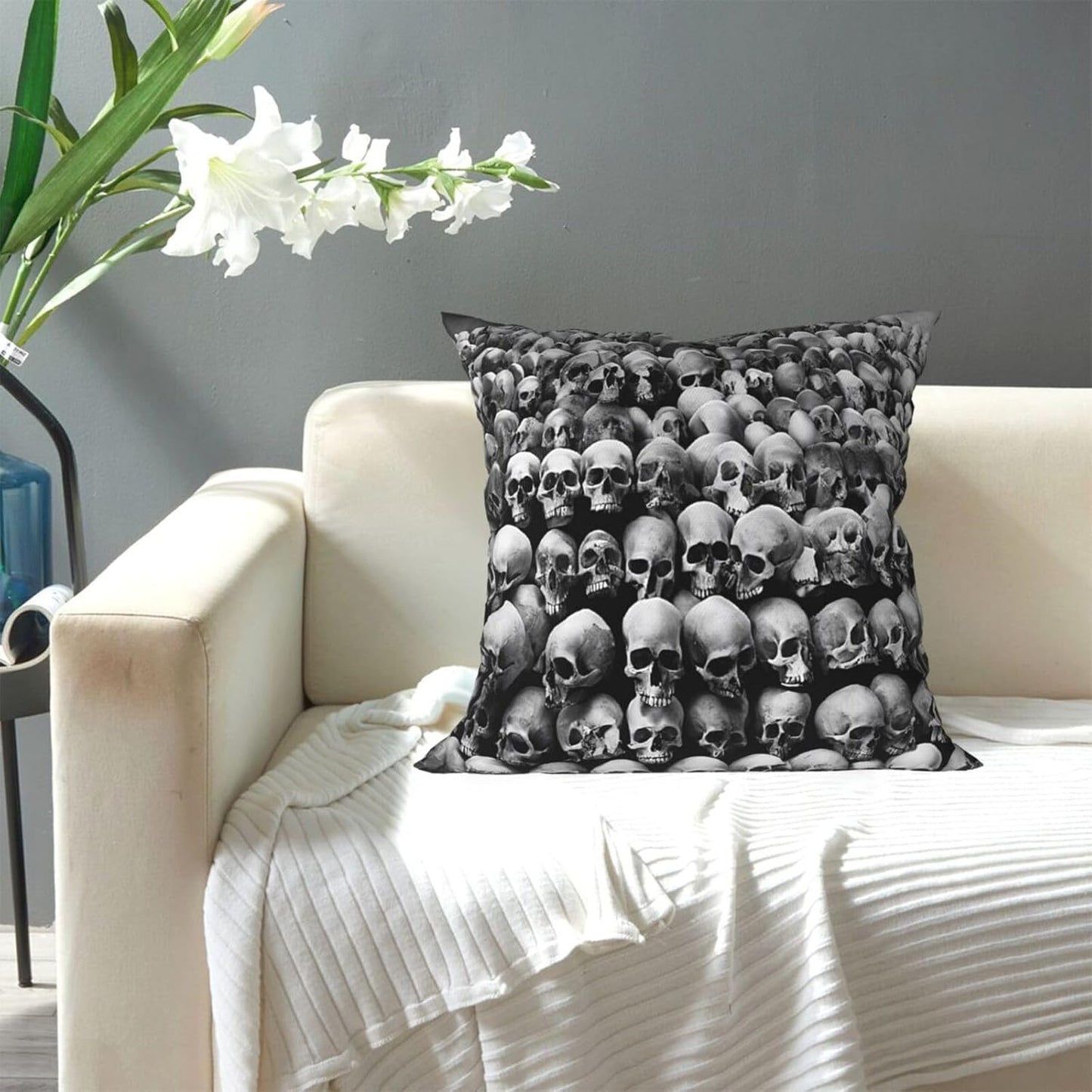 All-Season Square Pillow Covers 18"X18", Skulls Flowers, Decorative Throw Pillow Covers for Sofa Bed Couch, Hidden Zipper Cushion Cover, Square Lumbar & Accent Pillowcases for Home Decor