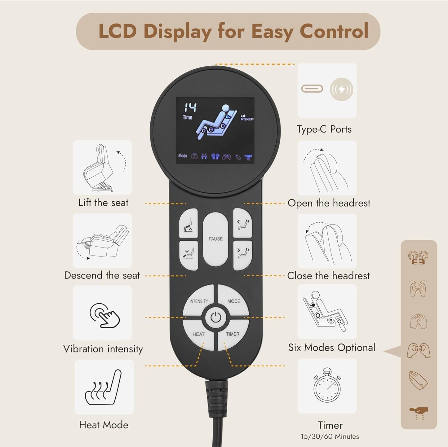 Genuine Leather Power Lift Recliner Chair with Heat and Massage Electric Lay Flat Chairs Headrest Visual Remote Control for Living Room Bedroom